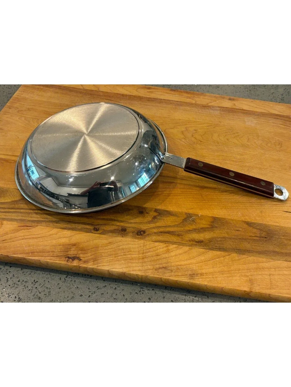 Vintage Stainless Steel 10 Inch Skillet Fry Pan Wood Handle Mid-Century Cookware